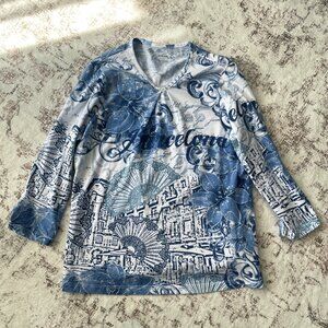 Alia Barcelona Graphic Print Top Blue White | Size Small
